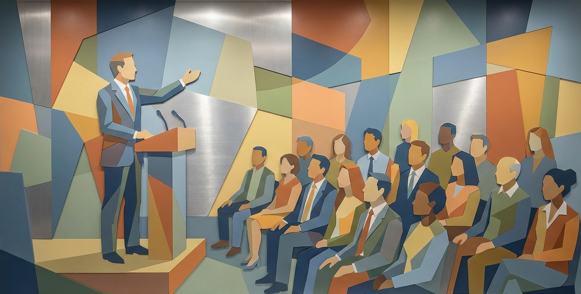 Executive leading a focused discussion with clarity