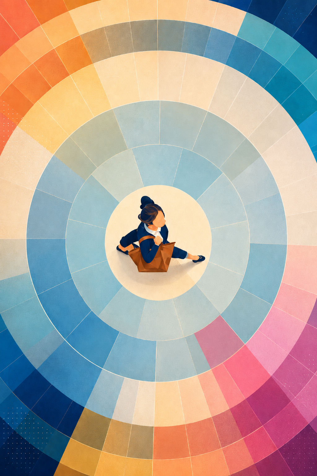 Woman walking through a rainbow mosaic