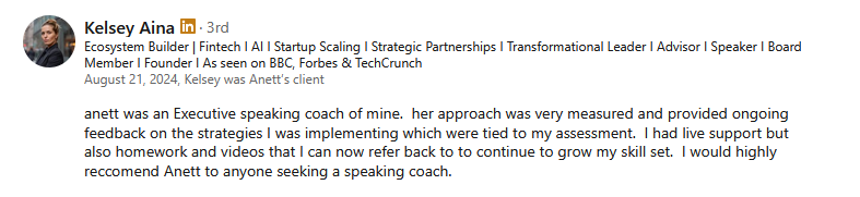 LinkedIn recommendation for Anett Grant