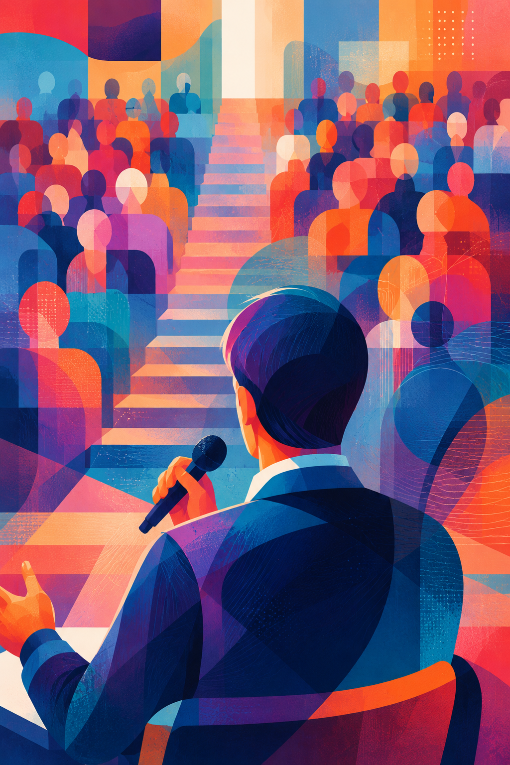 Illustration of an executive addressing a room of investors, microphone in hand