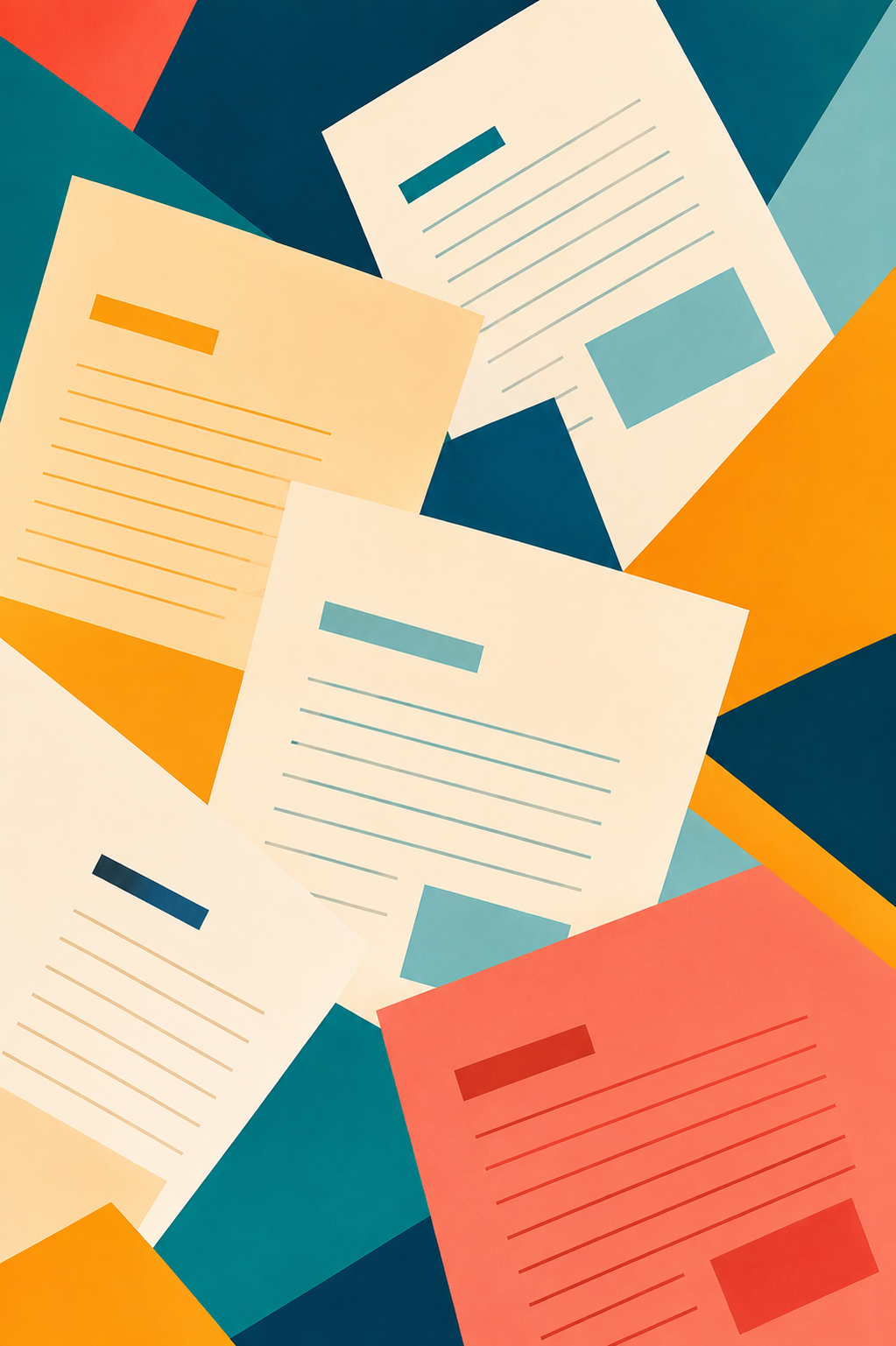 Layered paper collage of overlapping documents in cream, navy, teal, and orange