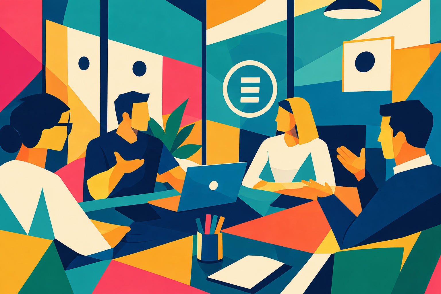 Leader speaking directly and conversationally to a small group in an office setting