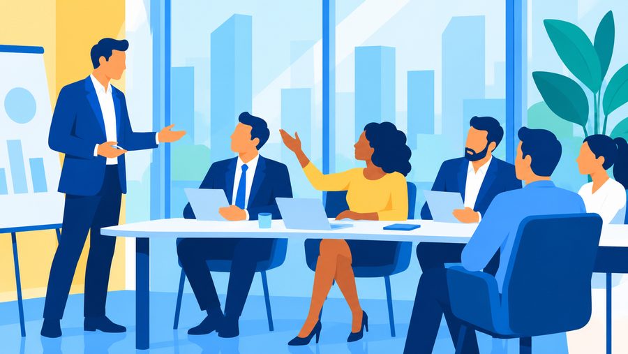 Illustration of a leader presenting to colleagues at a boardroom table